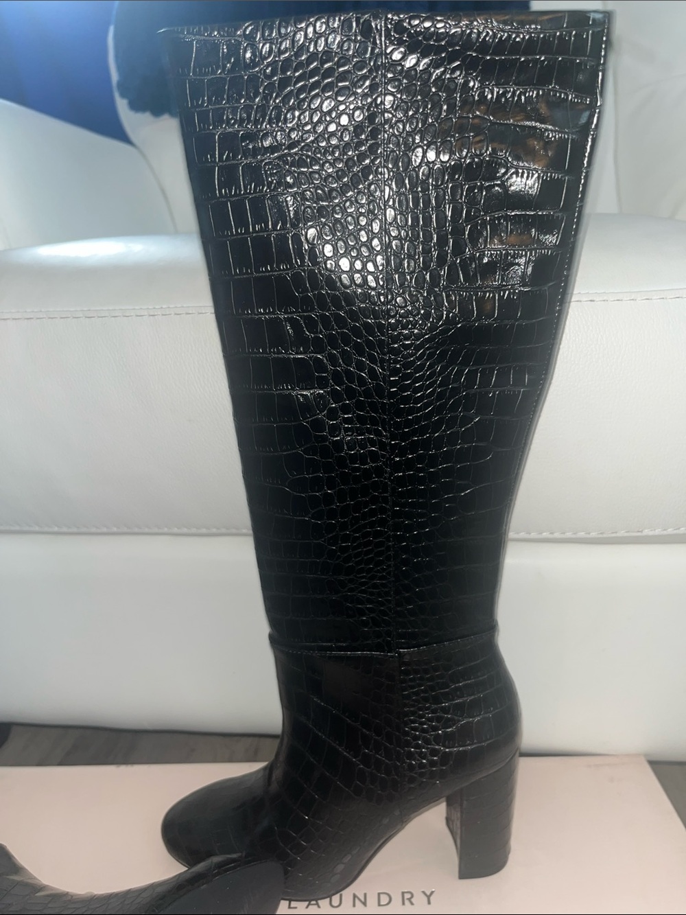Chinese Laundry Black Croc-Embossed Knee-High Block Heel Boots - Picture 6 of 6